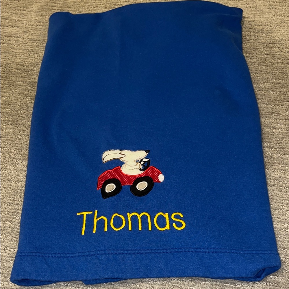 Blue Blanket with Embroidered Bunny and Car